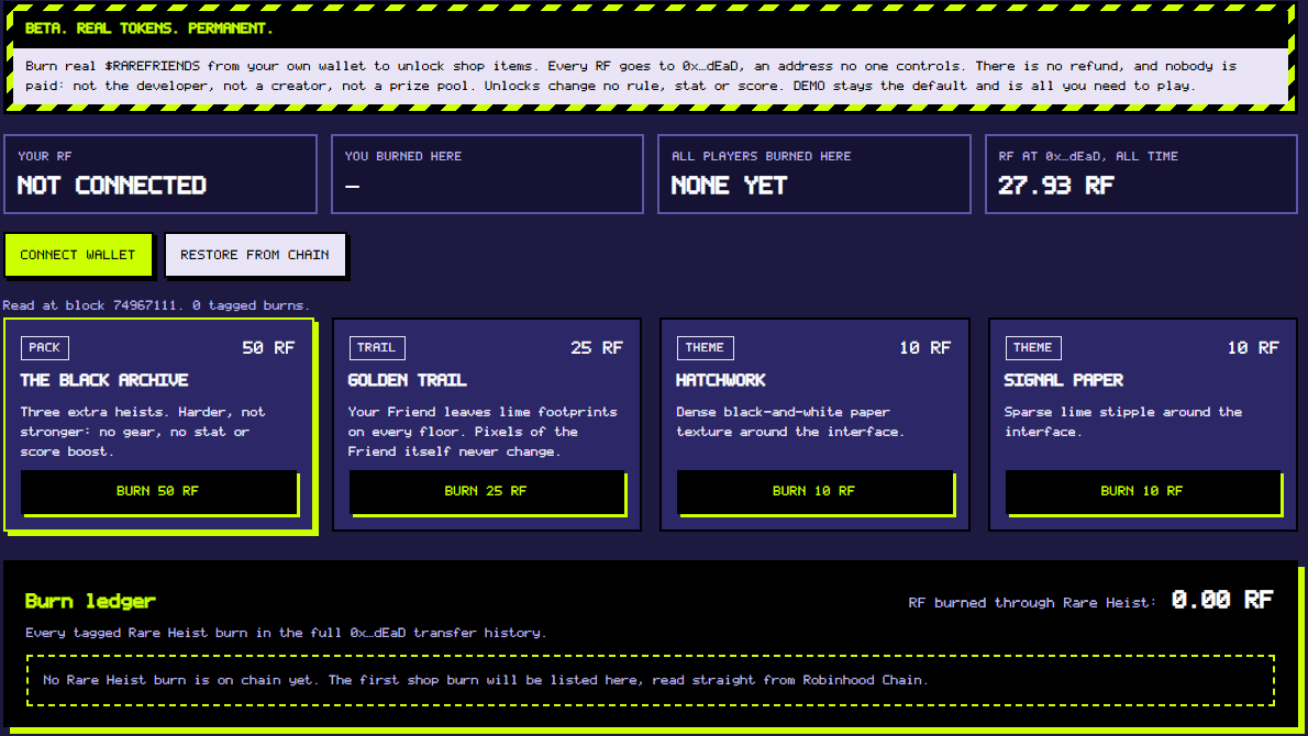 The game's LIVE BURN shop: a beta warning in hazard tape, four items priced 50, 25, 10 and 10 RF, and the burn ledger showing no Rare Heist burn on chain yet